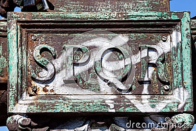 Rome, Italy. SPQR The Roman Senate and People metal inscription Stock Photo